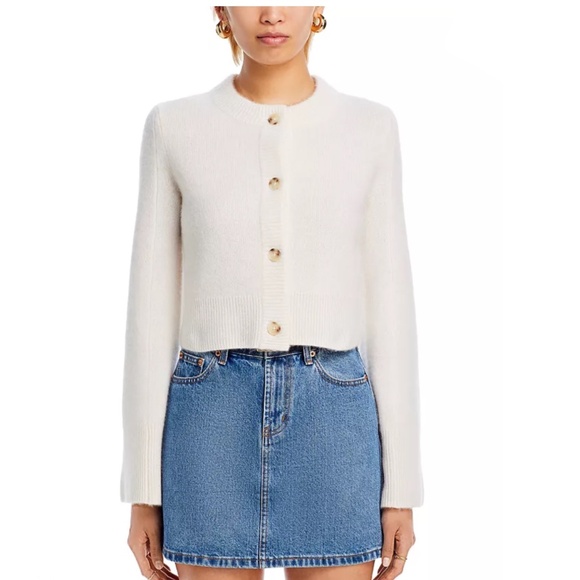 Luxurious 100% Cashmere Cropped Wide Sleeve Crewneck Cardigan By Aqua in Ivory - Picture 5 of 6